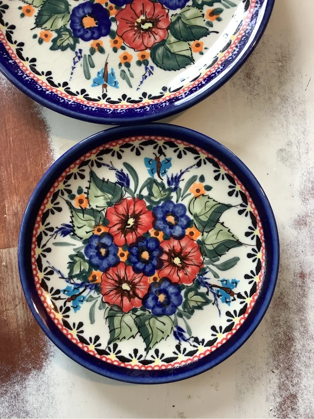Set Of 3 Three UNIKAT Polish Pottery Plates Floral Butterfly